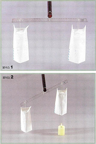 1 막대자를 평행하게 유지시킨다. 2 가벼워진 공기 때문에 한쪽 봉투가 올라가고 평형이 깨진다.