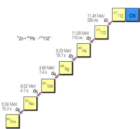(그림)112번 원소의 붕괴사슬^헬륨핵을 방출하는 알파붕괴는 초우라늄원소의 특성이다.