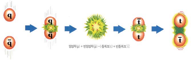 톱쿼크 발견^양성자로 부터 나온 쿼크와 반양성자로 부터 나온 반쿼크가 충돌하면 톱쿼크와 반콥쿼크가 생성된다. 그림은 이 과정 중간에 글루온이 생성되고 글루온 구름 속에서 톱쿼크와 반톱쿼크가 생성되는 것을 보여준다. 이러한 과정은 ${10}^{-26}$ 초 동안 일어나기 때문에 볼 수가 없다. 