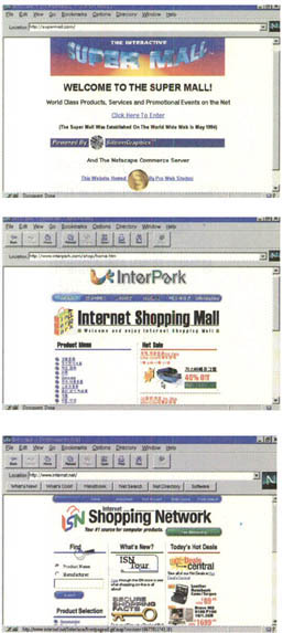 인터넷 백화점의 홈페이지들. 위로부터 인터액티브 슈퍼몰, 인터파크, 인터넷 쇼핑네트.