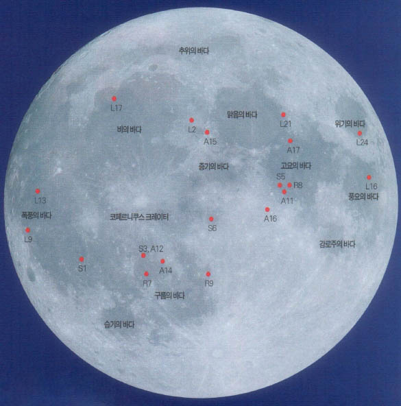 달의 앞면^미국과 소련 우주선의 착륙지점. A는 아폴로, R은 레인저, L은 루나, S는 서베이어 우주선의 착륙지점을 나타낸다.(예:S6은 서베이어6호.)