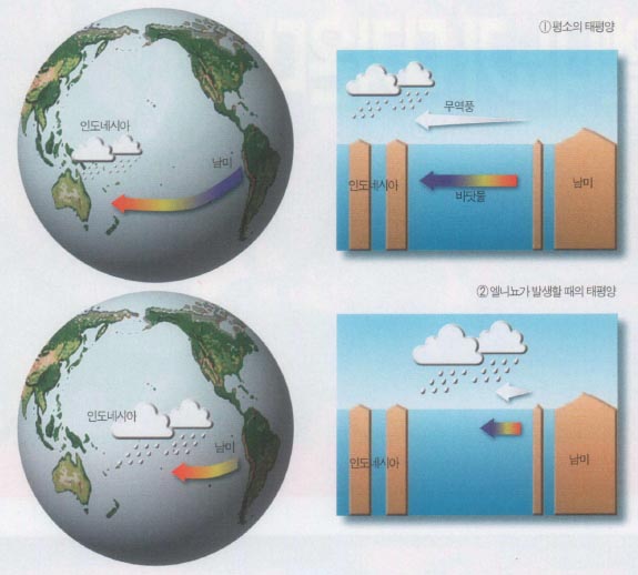 (그림1)엘니뇨의 발생 원리^①평소 열대 태평양에서는 바람(무역풍)이 동쪽에서 서쪽으로 불어 서태평양에는 따뜻한 바닷물이 쌓이게 된다. 이때 서태평양에서 비구름을 동반한 열대성 기후가 형성되고, 동태평양에서는 서쪽으로 쓸려간 바닷물을 보충하기 위해 바다밑의 찬물이 솟아 오른다. ②무역풍이 약해지면 반대현상이 벌어진다. 서쪽으로 이동하는 바닷물의 흐름이 약해지고, 동태평양에서 찬바닷물이 솟아오르는 일이 줄어든다. 그 결과 적도 부근에서 가열된 따뜻한 바닷물이 정체되고 수온이 올라간다. 이것이 엘니뇨의 발생 원리다.