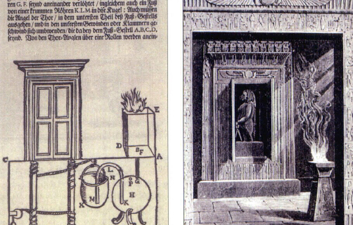 (그림1) 사원 자동문과 상상도^제단에 불을 붙이면 문이 자동으로 열리는 장치. 불이 붙으면 제단 속의 공기가 팽창해 마루 아래의 물이 차있는 공 속으로 흘러들어간다. 이 물은 옆 양동이 속으로 밀려들어가 떨어지는데, 양동이가 무거워지면 문 아래의 끈을 감고 있던 원기둥을 움직여 문이 열린다. 제단의 불이 꺼지면 공기가 수축해 반대로 문이 닫힌다.