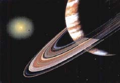 입실론 안드로메다 주변의 행성계를 그린 상상도. 그림에서 밝은 별주변에 보이는 점이 두번째 행성이고 띠가 있는 행성이 세번째 행성이다.