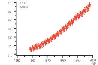 (그림2)해마다 증가하는 이산화탄소 농도^화석연료의 사용으로 해마다 이산화탄소의 농도가 증가하고 있다. 그림은 하와이 마우나 로아 지역의 이산화탄소 농도 증가곡선(ppmv는 1백만분의 1부피).