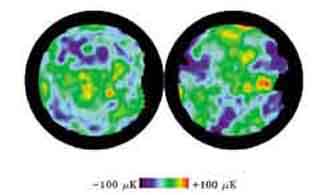 (그림5)우주의 균일성^북반구(왼쪽)와 남반구(오른쪽)하늘에 있는 우주배경복사의 온도 분포를 나타낸다.사진에서 붉은색과 푸른색은 절대온도 2.726도(영하270℃)를 기준으로 1만분의 1K높고 낮음을 나타낸다.하늘 전역에서 우주배경복사의 온도가 2.726K로서 거의 같음을 보여주며,이는 우주배경복사가 나올때의 초기 우주가 매우 균일하고 등방적이라는 것을 의미한다.작은 규모에서는 10만분의 1K의 크기로 온도가 변한다.이 미세한 변화는 이때 이미 물질의 분포가 국부적으로 불균일함을 보여주며,이런 불균일한 부분이 진화해 후에 우주의 거대 구조물이 태어나게 된다(출처:NASA/COBE).