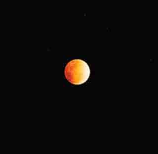 개기식 중의 달.달의 붉은 색과 배경에 있는 별이 인상적이다.