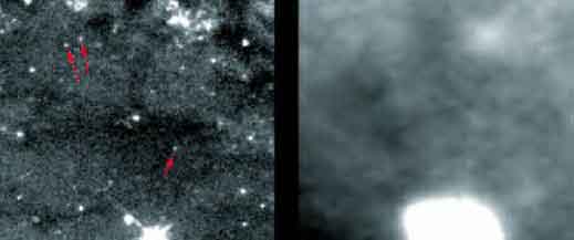 (그림3)우주망원경의 위력^사진은 같은 시야에 담은 M100의 모습이다.허블우주망원경으로 찍은 왼쪽 사진과 팔로마산 5m망원경으로 찍은 오른쪽 사진을 비교해보자.그 상의 선면도와 해상도 차이에서 대기의 영향을 받지 않은 우주망원경의 위력을 실감할 수 있다.