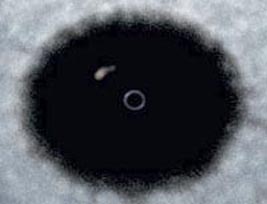 블랙홀로 빨려들어가는 뜨거운 가스덩어리의 상상도. 가운데 동그란 지역이‘사상의 지평선’이다.