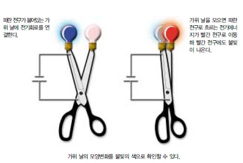 (그림3) 형광공진에너지이동 (FRET)의 원리^실시간으로 생체분자의 운동을 관찰할 수 있 는 FRET는 두개의 형광분자 사이의 상호작 용이 관여한다. 두개의 형광분자를 파란 전 구와 빨간 전구, 그리고 가위를 생체분자로 비유하면 쉽게 FRET의 원리를 알 수 있다.