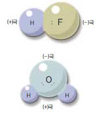 (그림2) HF와 H2O의 극성^공유결합에서 공유전자쌍은 전기음성도가 큰 원자쪽으로 치우친다. 예를 들어 HF에서는 F쪽으로, H2O에서는 O쪽으로 치우친다. 이때 F와 O쪽의 극성이 (-)극이 되고 반대쪽은 (+)극이 된다.