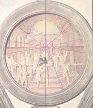 도나텔로의‘드루시아나의 부활 기적'^1435년경. 부조 지름 215cm. 산 로렌초 교회의 옛 성물실, 피렌체 천장과 중앙 아래쪽 계단, 측면의 아치 회랑들이 모두 중앙의 한방향으로 줄을 맞추고 있다(빨간선). 눈에 잘 띄지 않는 부분은 눈어림으로 줄을 친 것 같다(파란선). 그래서 보는 이의 눈길도 자연스레 줄거리의 중심인 부조의 한복판, 드루시아나의 부활 장 면으로 끌려간다. 조각가는 이런 시각 현상을 미리 염두에 두었을까?