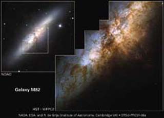 허블우주망원경이 찍은 M82 은하의 중심부(오른쪽).지상 사진(왼쪽)에 비해 중심부에서 탄생한 별들이 잘 드러난다.