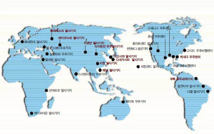 (그림2) 세계의 우주발사기지^위성을 발사할 수 있는 능력을 가진 나라는 미국, 러시아, 프랑스(유럽연합), 중국, 일본, 인도, 이스라엘 등이다. 이들은 자국의 우주발사기지를 최소 한곳 이상 확보하고 있다.