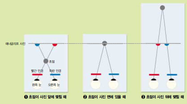 (그림1) 애너글리프의 입체효과^애너글리프 사진을 왼쪽이 빨강, 오른쪽이 파랑인 안경을 끼고 보면 입체감이 느껴진다. 빨간색 안경은 빨간 이미지를, 파란색 안경은 파란 이미지를 볼 수 있다. 이때 양쪽 눈이 모이는 곳(초점)이 어디냐에 따라 사진 속 물체가 앞 또는 뒤에 위치하는 것으로 보인다. 사진 속 물체마다 초점의 위치가 달라 입체감을 느낀다.