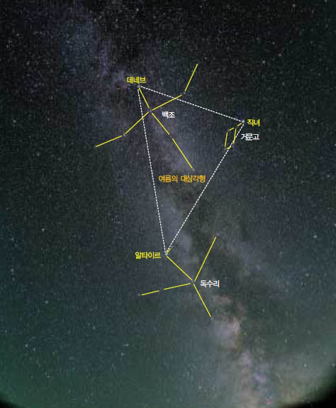 거문고자리의 베가(직녀)와 독수 리자리의 알타이르, 그리고 백조 자리의 데네브가 여름밤의 대삼각 형을 이룬다. 이 세별은 여름 별 자리를 찾는 길잡이가 된다.