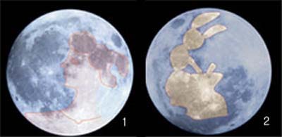 보름달에 숨어있는 여인^보름달을 보며 서양에서는 눈부신 목걸이를 걸 친 여인을, 우리나라에서는 방 아 찧는 토끼를 상상했다. 여 인의 모습은 중천에서, 토끼의 모습은 동쪽하늘에서 확인하기 쉽다. 우리나라에서는 동쪽에 뜨는 달을 중시했다는 사실 을 짐작할 수 있다.