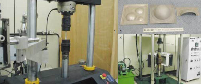 1. 항공우주재료에 반복적으로 응력(stress)이 가해지면, 재료 는 피로해지고 심하면 끊어진 다. 사진은 수직으로 긴 축 사 이에 시험재료를 넣은채 누르 고 당기며 피로를 가하는 실험 모습이다. 2.3. 초소성 성형 기술을 이용하 면 본래 길이보다 수백에서 수 천%까지 늘릴 수 있다. 뿐만 아니라 공기를 주입해 더 잘 부 풀릴 수 있는 부풀림 성형도 가 능하다. 초소성 현상을 이용한 부풀림 성형 제품