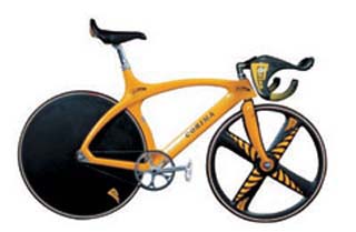 미래형 자전거의 한 예. 바큇살이 만드는 공기저항을 줄이기 위해 뒷바퀴는 디스크 형태로, 앞바퀴 의 바큇살은 납작하게 만들었다