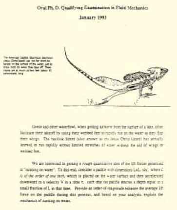 물위로 뛰어다니는 도마뱀의 행동을 유체역학적으로 설명하라는 논문제출 자격시험 문제. 그 림에서 보듯이 전혀 수식없이 문제 제기만을 통해 학생들의 문제 해결 능력을 측정하고자 한다.