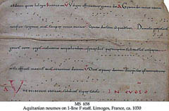 1030년 경 프랑스 리모주의 성 마르티알 수도원에 남아 있는 찬송가 악보. 음표의 기둥이 표현되진 않았지만, 음 높이의 변화는 한눈에 알아 볼 수 있다.
