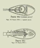 치올코프키가 설계한 액체연 료로켓. 1914년 작품은 분 사구가 로켓의 안정을 돕도록 구부러져 있는 반면, 1915 년 작품은 좀더 정교하게 연 료의 양을 조절하는 밸브가 부 착돼있다.