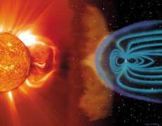 태양풍과 지구 자기장의 상상 도. 지구 자기장의 모양은 태 양풍이 지구 자기력선을 밀어 냈기 때문에 비대칭이다.