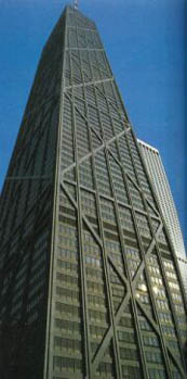 미국 시카고의 존행콕 빌딩(3백44m). 튜브구조와 거대한 X자 브레이싱의 슈퍼 프레임이 결합된 건물이다.