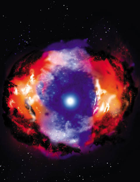 초신성 폭발 뒤 중성자별이 생기는 과정을 묘사한 상상도.
