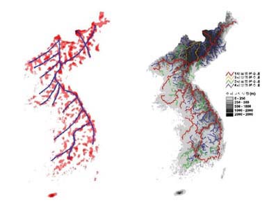 한반도의 산지분포와 현재 지리교과서에 수록된 산맥도의 비교(왼쪽), 개마고원을 제외한 한반도의 산지분포가 실제로 교과서 산맥도와 상당히 비슷하다. GIS를 이용한 한반도의 분수계를 표시한 지도(오른쪽). 면적별로 분수계를 나눈 뒤 고도 200m 이상의 산봉우리들을 연결했다. 이 지도를 만든 박수진 교수는 