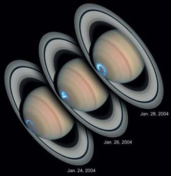 2004년 1월 24, 26, 28일(왼쪽부터)에 허블우주망원경으로 찍은 토성 오로라의 사진. 토성의 극지방에 계란형 띠처럼 보이는 것이 오로라다. 토성 오로라가 2일 간격으로 다양하게 변화하는 모습을 볼 수 있다.