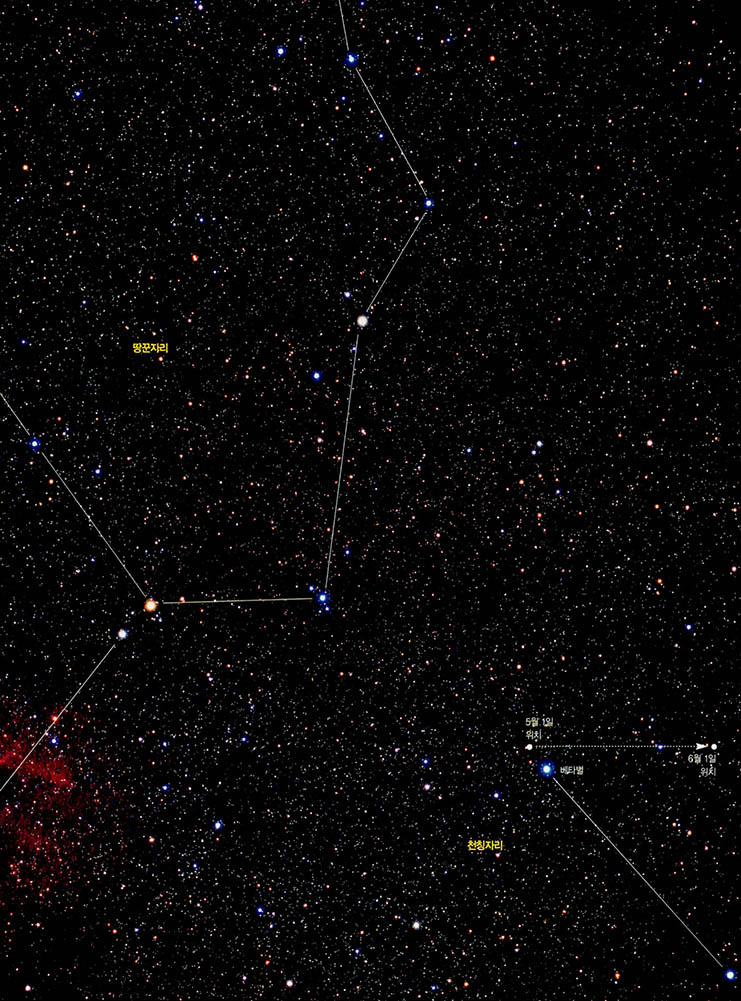 올해 세레스의 위치. 세레스는 천칭자리 베타별 옆에 있으며 좌표로는 15h, -10도 부근이다. 사진에 5월 1일부터 31일 사이의 위치 이동을 나타냈다. 이 지역을 쌍안경으로 관측해보면 소행성을 쉽게 확인할 수 있다.