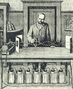 전자기파가 빛러럼 반사, 굴절되며 빛과 같은 속도로 움직인다는 것을 알아낸 헤르츠의 1888년 실험 장면.