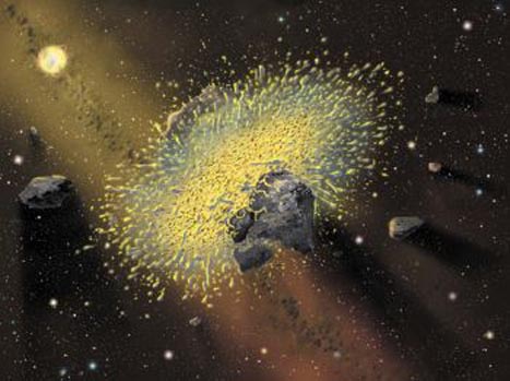 천문학자들은 어린 별 주변의 먼지 원반에서 행성이 탄생한다고 믿고 있다. 상상도는 'BD +20307'이란 별 주변에서 지구 크기 천체가 충돌해 먼지가 만들어지는 모습.