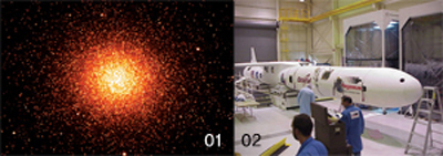 01 연구팀이 2005년 관련 논문을 발표한 오메가 센타우리 구상성단을 가시광선으로 관측한사진. 02 미국 페가수스 로켓에 실려 발사를 기다리고 있는 갈렉시의 모습.