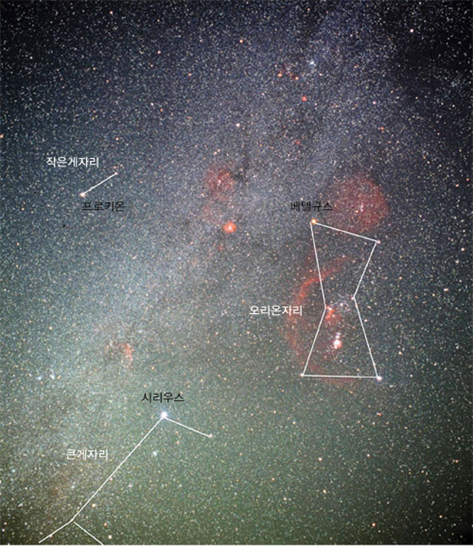 프로키온과 작은개자리. 일동성인 프로키온과 함께 작은개자리는 겨울밤 하늘 높이 떠 있다.