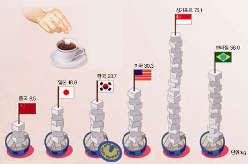 세계 각국의 연간 설탕 소비량^비만, 충치, 당뇨의 원인이라는 논란에도 불구하고 설탕은 아직까지 세계인의 애호 식품이다. 지난 2003년 한국인의 1인당 설탕 소비량은 23.7kg으로 일본보다는 많고 미국보다는 적다.