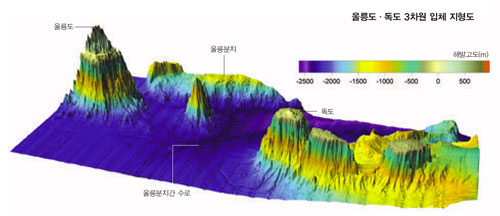 한국해양연구원이 수로측량을 통해 그려낸 울릉도·독도의 해저지형.