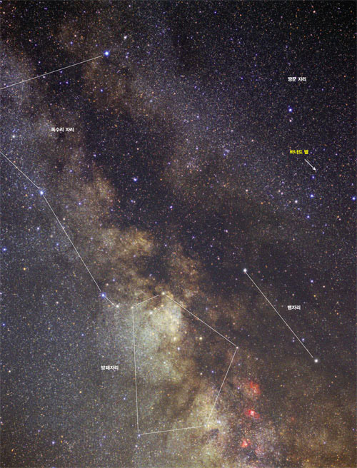 바너드 별(화살표)은 은하수 서쪽 땅군자리 아래쪽에 자리잡고 있다. 매우 어둡고 작은 별이다.