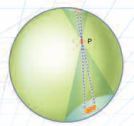 (그림2)사과가 공 모양의 껍질 안에 있을때^사과가 껍질 안(P)에 있을때 껍질이 작용하는 중력은 0이 된다.