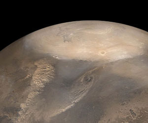 화성 북극지방에 발생한 모래폭풍.