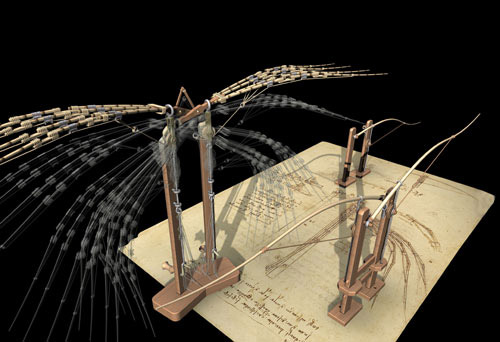 레오나르도가 설계한 기계 날개. 날개가 움직이는 모습을 역동적으로 표현했다.