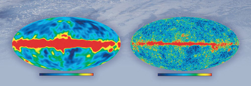 온도 요동 지도^코비(왼쪽)와 WMAP(오른쪽)이 관측해 얻은 우주배경복사 온도 요동 지도. 우주를 세계 지도처럼 펼쳤다. 두 지도에 나타난 온도 요동 분포가 매우 유사하지만 WMAP이 더욱 정밀하다. 푸른색에서 붉은색으로 갈수록 온도가 뜨겁다. 한편 적도 부근의 온도가 뜨겁게 보이는 이유는 우리은하에서 나오는 강한 방출선으로 우주배경복사와는 무관하다.