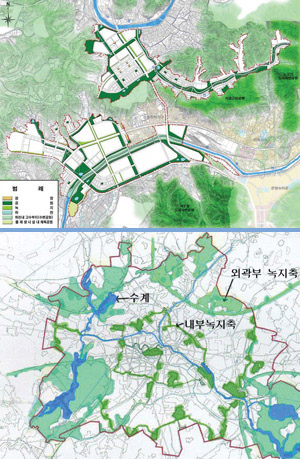 현재 개발 중인 경기도 삼송신도시의 녹지 계획도(위). 한국토지공사는 "베를린 부근의 녹지대(아래)처럼 서로 연결되도록 조성할  예정"이라고 밝혔다.