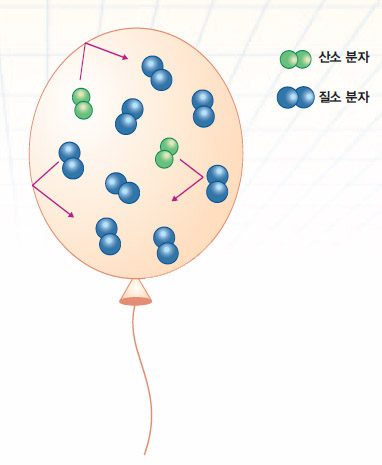 풍선 속 기체의 전체 압력이 1기압이고 산소와 질소가 1:4의 비율로 섞여 있다면 산소는 5분의 1기압, 질소는 5분의 4기압 만큼의 부분압력을 갖는다.