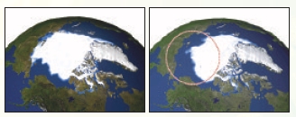 지구 온난화로 왼쪽 사진(1979년)보다 오른쪽 사진(2005년)에서 북극 빙하