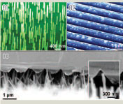 01정렬된 아연 산화물. 02백금으로 코팅된 나노발전기 상부. 03나노발전기의 전자현미경 사진.