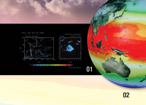 01강인식 교수팀은 격자의 한 변이 20km인 초고해상도 기후모델을 개발해 최근 태풍 시뮬레이션을 마쳤다. 02일본 요코하마에 있는 ‘어스 시뮬레이터’가 예측한 지구의 해수면 온도 분포. 어스 시뮬레이터는 2004년까지 세계 최고의 성능을 자랑하는 슈퍼컴퓨터였지만 최근 미국의‘블루진’에 왕좌를 내줬다.