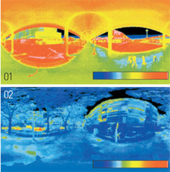 여름철 정오 무렵 일본 도쿄 미나미오자와 역 앞 도로(01)와 오모테산도의 가로수길(02)을 찍은 적외선 영상. 온도분포가 25℃(짙은 파란색)~45℃(빨간색)까지 확연한 차이를 보인다.