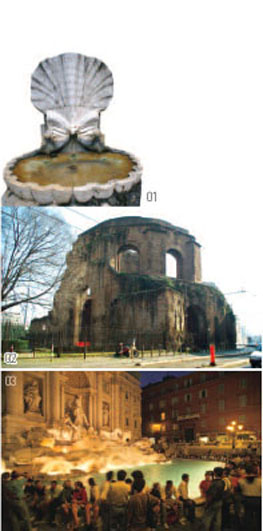 01로마에는 4세기에 1000여개의 분수가 있었지만 지금은 대부분 물이 말라 유적으로만 남아있다. 02건물 형태의 분수 유적‘미네르바메디카’. 분수는 로마 사람들이 사용하던 공동 우물이었다. 03밤에 더 아름다운 트레비 분수는 뒤로 돌아서서 동전을 던져 넣으면 다시 로마를 찾게 된다는 전설이 있다.